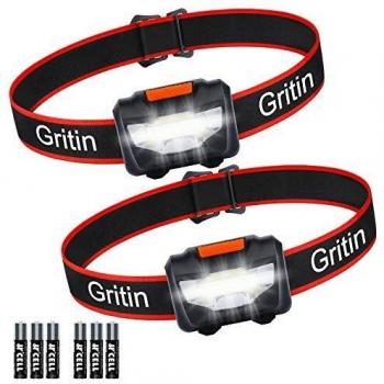 Gritin Linterna Frontal LED, [2 Pack] Linterna Cabeza COB Super Brillante 3 Modos Ligera&Impermeable&Adjustable con 6 Pilas AAA para Nios, Adultos, Correr, Acampar, Caminar, Excursin, Pesca etc.