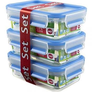 Emsa 508570 - Set de 3 herméticos de plástico, Clip&Close, capacidad 0,55 litros, color transparente y azul, tamaño 4.5 x 8 x 15.5 cm