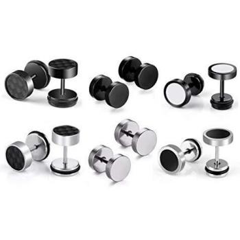 6 Pares de Pendientes de aro de Acero Inoxidable Pendientes para Hombres de Las Mujeres, Pendientes de aretes sin alergia, Plata Negro