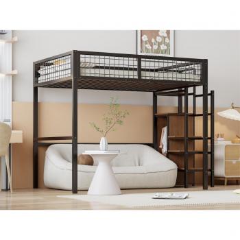 Cama Altillo Infantil 140x200 cm con Estructura de Hierro, Escalera de Seguridad y Armario - Negro