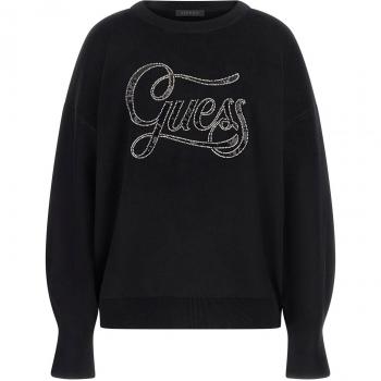 Guess Women's Black Regular Fit Sweater with Balloon Sleeves and Sequins Logo