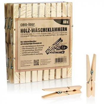 com-four® 60x Pinzas de Madera - Pinzas de Madera sostenibles Hechas de Madera de Abedul - Pinzas de Madera sin Tratar para Colgar Ropa y Manualidades