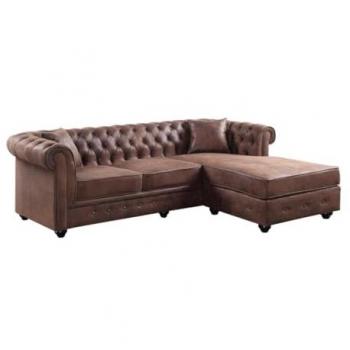 Sofá rinconero reversible chesterfield TOLEDO de microfibra envejecida - Marrón
