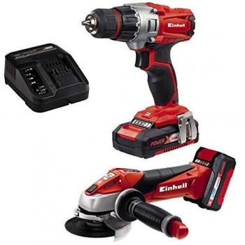 Einhell Expert Kit con Taladro TE-CD 18/2 Li y Amoladora TE-AG 18 Li de 18V con 2 baterías de litio de 1,5Ah y 3,0 Ah y cargador