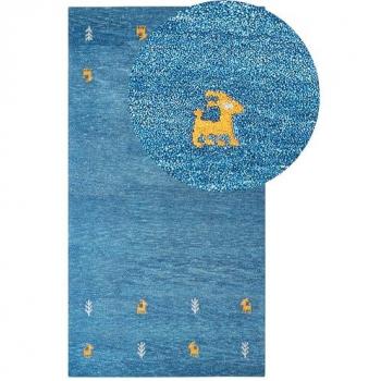 Alfombra Gabbeh de Lana Azul 80 x 150 cm, Motivos Animales Occidentales, Diseño Rústico, Tejida a Mano