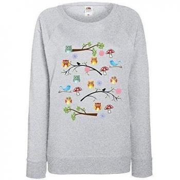 Owls Collection 208, Fruit of the Loom de cuello ligero raglán Heather gris - Sudadera con diseño colorido. Tamaños XS 8 S 10 m 12 L 14 XL 16 2 x l 20. gris Owls 021 X-Small
