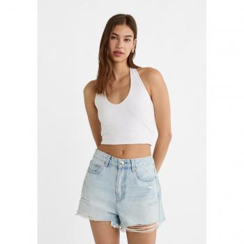 Stradivarius D75 Ripped Denim Shorts - Blue Denim