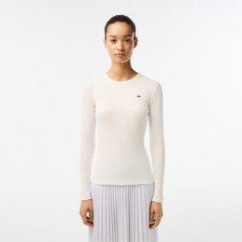 Camiseta Lacoste Slim Fit Manga Larga Blanca para Mujer con Logo Blanco - Talla 42