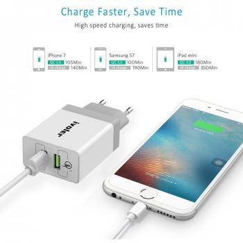 iVoler Quick Charge 3.0 Type C Cargador USB de 30W Carga Rápida [QC 3.0 Puerto + Qsmart Puerto 5V/2.4A] con 2 en 1 Cable de Micro USB y Tipo C, Cargador Pared para Móvil, Tableta, etc. - Blanco