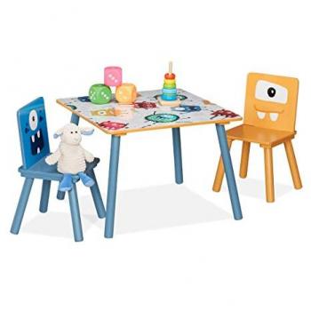 Conjunto de Mesa y Sillas Infantiles Multicolor, 2 Asientos, Madera y MDF, Motivo Divertido para Niños - Relaxdays