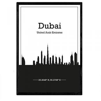 Póster A3 con Mapa de Dubái - Emiratos Árabes Unidos, Skyline de Ciudades de Asia, Australia y Oriente Medio con Sombra Negra