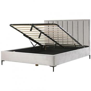Cama Matrimonial en Terciopelo Gris Claro 180 x 200 cm con Almacenamiento, Cabecero Acolchado y Patas de Metal Negro