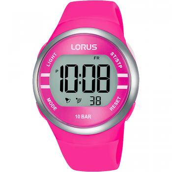 Reloj de pulsera LORUS Sports R2343NX9 mujer, correa fucsia, dial LCD fucsia, cronógrafo