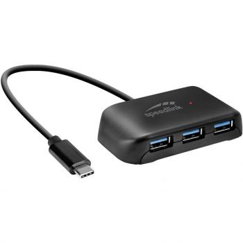 Hub USB-C Speedlink Snappy EVO 4 Puertos, USB 3.0/3.1 Gen 1/3.2 Gen 1 (5 Gbit/s), Conexión Rápida, Negro