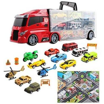 deAO Camión Transportador Maletín Portacoches Conjunto Playset Incluye Surtido Total de 12 Vehiculos y Accesorios