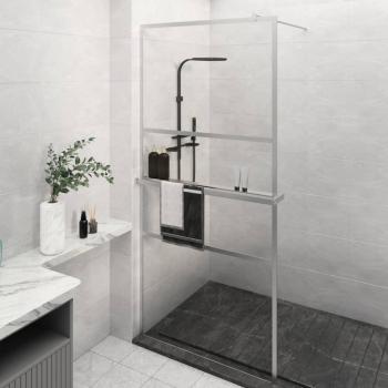 Mampara de ducha con estante de vidrio ESG y aluminio cromado, medidas 80x195 cm, modelo medio esmerilado, diseño Stone, incluye 2 barras horizontales