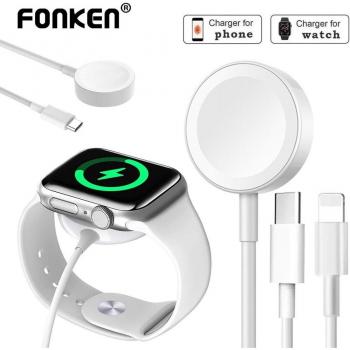Cargador Inalámbrico 2 en 1 Tipo C para Apple Watch, Cable de Carga USB-C iWatch, Base de Carga Type C 2 en 1 Blanco