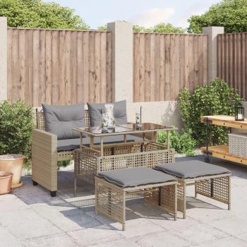 Set de Sofás de Jardín 4 Piezas con Cojines Beige de Polyrattan y Vidrio