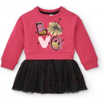 Vestido de Niña Fucsia Combinado de Felpa y Tul con Detalles Brillantes - Tuc Tuc Cosmic