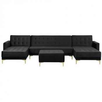 Sofá Cama Modular en U de Terciopelo Negro con Chaise Longue y Otomana, 5 Plazas, Modelo Aberdeen