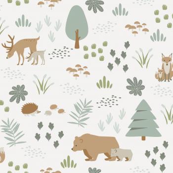 Papel pintado bosque con animales - 0,53 x 10,05 m - Blanco