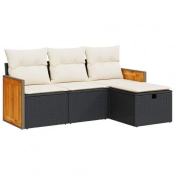 4-Piece Black Poly Rattan Garden Sofa Set with Cushions