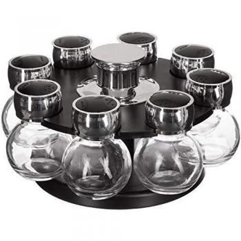 Soporte giratorio para 8 tarros de especias con recipientes de vidrio, diámetro 21 cm x altura 12,4 cm, color negro