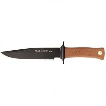 Cuchillo Muela Scorpion SCORPION-18NM, hoja de 18 cm con recubrimiento antifricción PTFE, funda y mango desierto + tarjeta multiusos de regalo