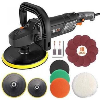 Pulidora de Coche, Tacklife 1500W Máquina de Pulir, Control de Velocidad Electrónico 600-3000RPM, LED Pantalla, 180mm Almohadilla de Lana / Papel de Lijado de 120 Grano, D-Mango Desmontable /PPGJ01A