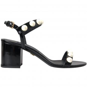 Dolce & Gabbana Black Leather Faux Pearl Heel Sandals Shoes - EU39/US8.5, Size: 9 US, Size: 6 UK