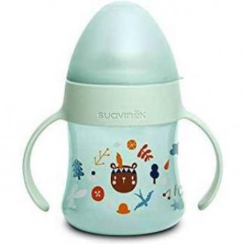 SUAVINEX Biberón con Asas First Suavinex, con Boquilla Antiderrame de Silicona, para Bebés +4 Meses, Color Amarillo, Azul, 150ml
