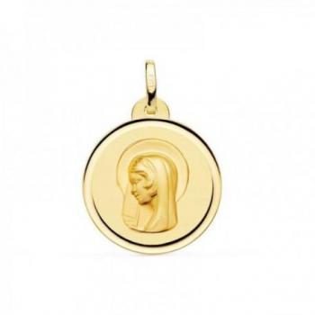 Medalla de la Virgen María en oro 18k para Primera Comunión de 20 mm con bisel liso