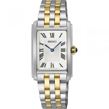 Seiko SWR087P1 Classic Ladies Quartz Watch - Rectangular Two-Tone Stainless Steel Band, White Dial, 22mm, 5ATM