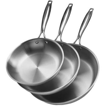 VEVOR Tri-Ply Stainless Steel Frying Pan Set, 3 Pieces (8, 10, 12 in), Heat-Resistant Handle Skillets for Gas, Electric, Induction Cooking, Dishwasher Safe, Silver