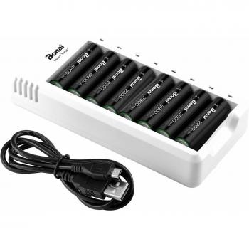 BONAI Cargador Pilas Recargables AA y AAA Inteligente LED 8 Ranuras Independiente Carga Rápida USB con 8 Unidades de AA 2800mAh Ni-MH Pilas Recargables