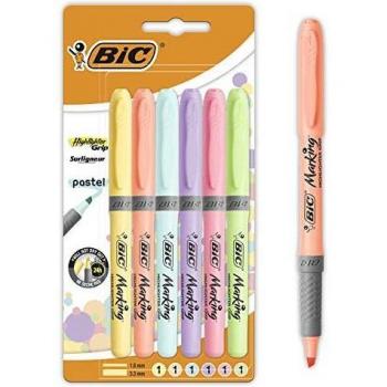 BIC Highlighter Grip Pastel Marcadores de Punta Biselada Regulable - Colores surtidos, Pack de 6