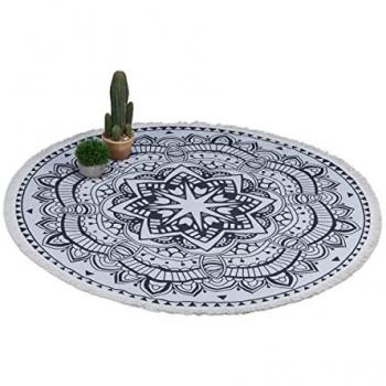 Alfombra Redonda Boho Mandala, ø 120 cm, Algodón Antideslizante con Flecos, Crema/Negro
