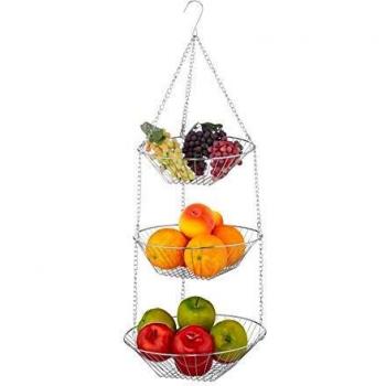 Frutero Colgante de Acero con 3 Niveles, Cesta para Frutas, Salvaspacio para Cocina, Plateado - Relaxdays
