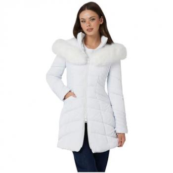 Guess NEW OXANA Women's White Jacket with Faux Fur Trim