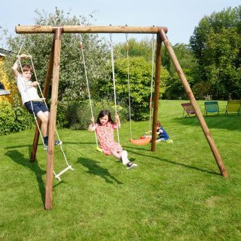 Columpio de madera Soulet Arthur con estructura resistente, diseño ergonómico, capacidad para dos niños, acabado en barniz no tóxico y fácil montaje