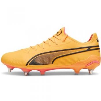 Botas de fútbol Puma King Ultimate MXSG naranja, características: diseño en color naranja, suela MXSG para mejor tracción, parte superior de cuero para mayor comodidad y control del balón, tecnología de amortiguación en el talón, ajuste