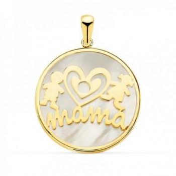 Colgante de Oro 18k con nácar para mamá con figura de niño y niña