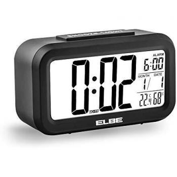 Elbe RD-668-N Reloj despertador con termómetro, adecuado para viajar, display LCD 4,4'', función snooze, pantalla con luz, alarma, temperatura y humedad, color negro