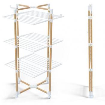 Tendedero Vertical Plegable VOUNOT de 3 Niveles con Ruedas, Estilo Madera Blanco