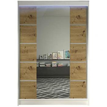 Armario Corredero Atlanta 151, Blanco y Roble Artisan, 200x120x58cm, con Espejo y Led, 5 Estantes