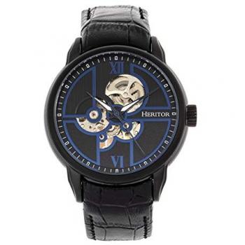 Heritor Automatic Sanford Black Semi-Skeleton Leather Watch