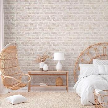 Papel Pintado No Tejido Natural Living Piedra Beige y Blanco, 3D, Mate, 10.05 m x 0.53 m
