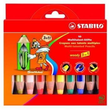 Lápices de colores STABILO Woody 3 en 1 - Set de 10 unidades (pastel, acuarela y cera)