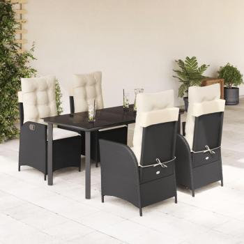 5-Piece Black Poly Rattan Garden Dining Set with Cushions