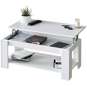 Mesa Centro con revistero, Mesa elevable, mesita Mueble Salon Comedor, Acabado en Blanco Artik, Medidas